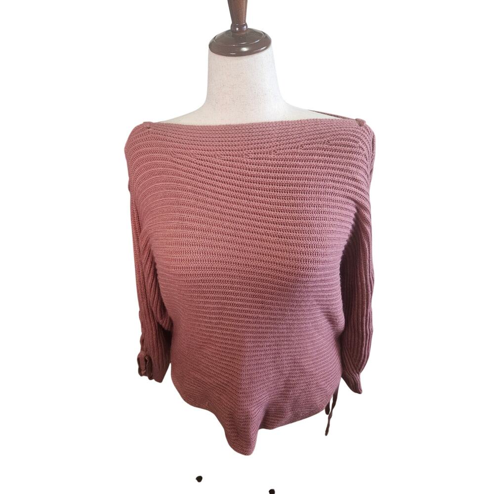 Emory Park Mauve Cable knit lace Up Sleeve Oversized Sweater M